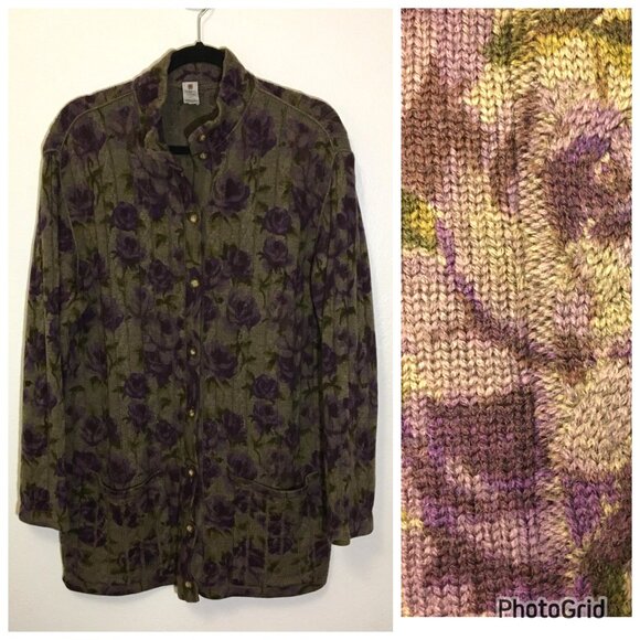 Vintage 80s Ungaro Italian Knit Button Front Cardigan Beautiful Floral Roses (2) - Picture 3 of 16